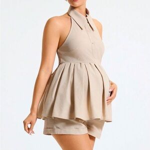 2pcs Maternity Elegant Commute Vintage Collared Shell Camisole Set